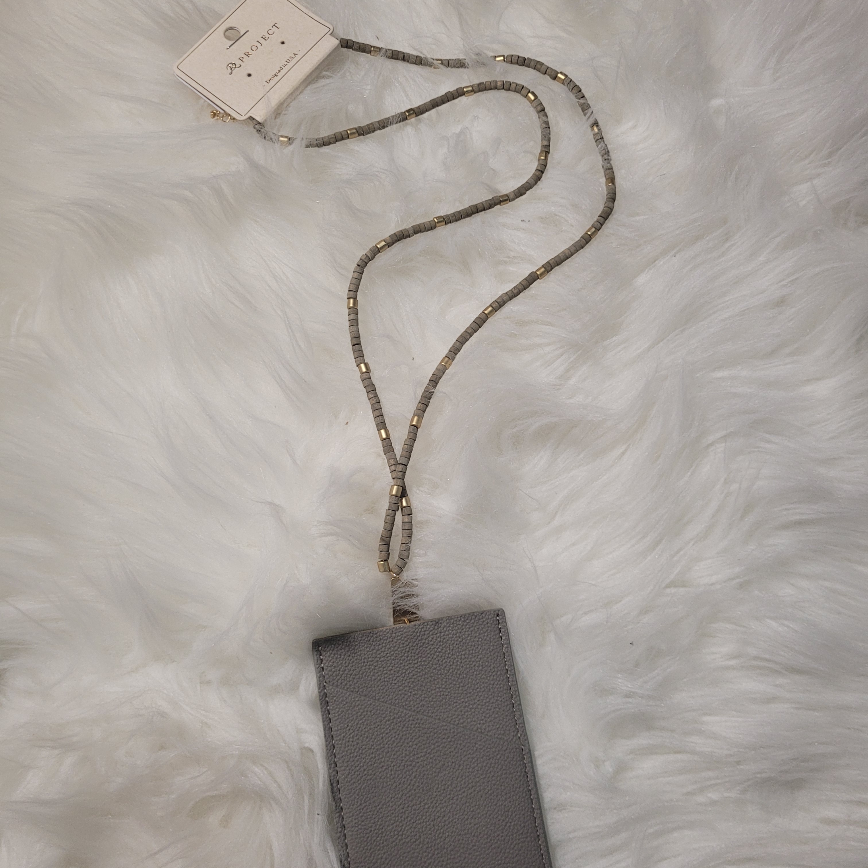 Gray Leather Key  Card Holder With Gold Accents
